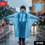 A boy in a school uniform wears a translucent blue poncho on a rainy street, with a small inset of the poncho (1 Pc) shown.
