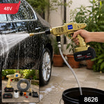 A gold and black cordless pressure washer with a 48V battery attached, shown on a white background.