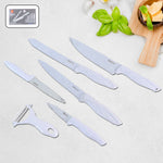 Marble coated kitchen knife set displaying sharp stainless steel blades
