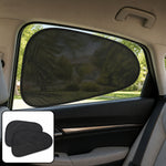 Black mesh sun shade covering a car's rear side window, with a pair of shades shown in the corner.