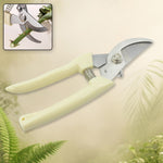 Ergonomic handle and safety lock mechanism on the gardening pruning shears.