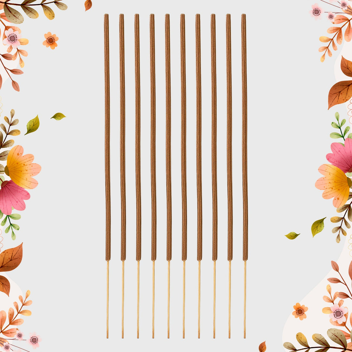 Ten brown incense sticks with light brown tips arranged vertically on a light grey background with floral borders.