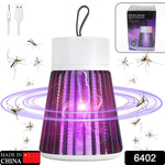 The Mosquito Killer Lamp is shown with a USB cable, packaging, and multiple mosquitoes flying around it.