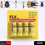A yellow package of four Fly Catcher sticky strips is displayed with illustrations of various insects above it.