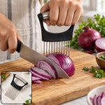 Hands hold a black and silver onion holder to slice a red onion on a wooden cutting board, with an inset of the holder.