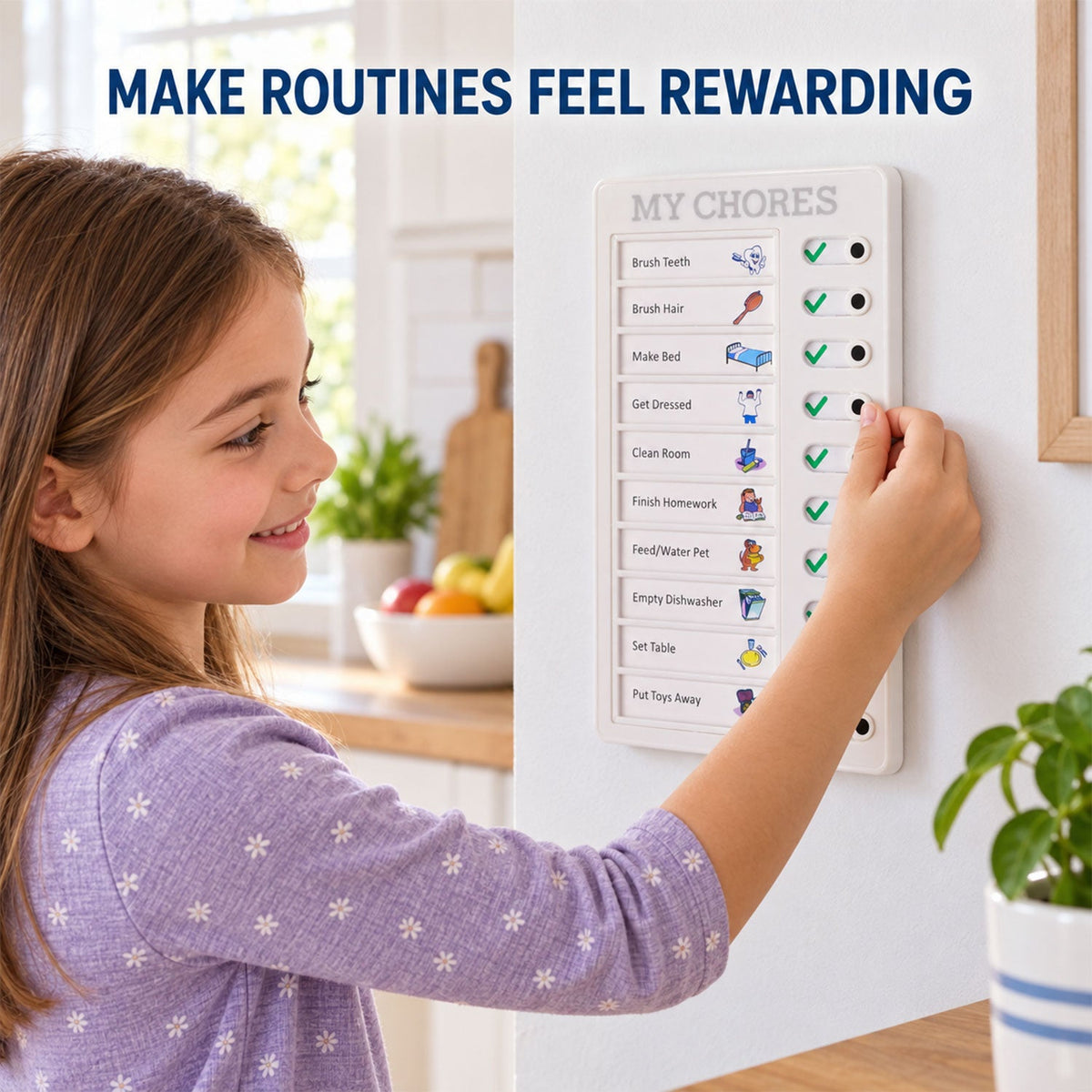 A smiling child slides a task complete on a white chore board mounted on a wall in a bright room.