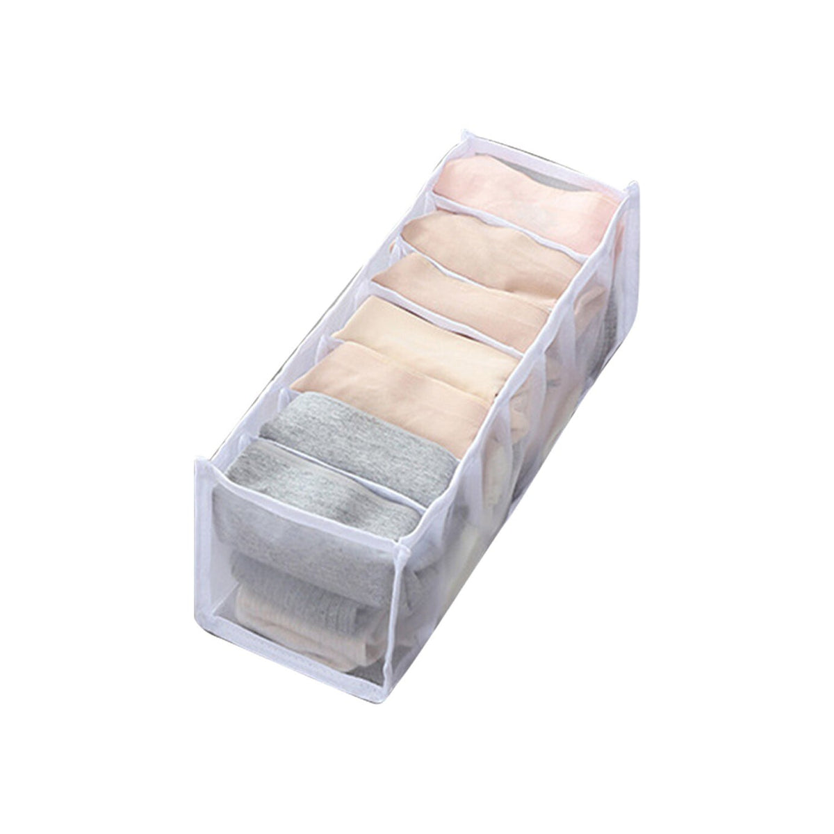 A white mesh organizer is filled with neatly folded light-colored garments, presented on a bright white background.