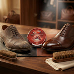 Easy to apply brown shoe polish cream in its convenient compact packaging.