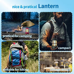 Four square images show the black retro LED camping lantern in various settings: camping, hiking, and as a decorative item.