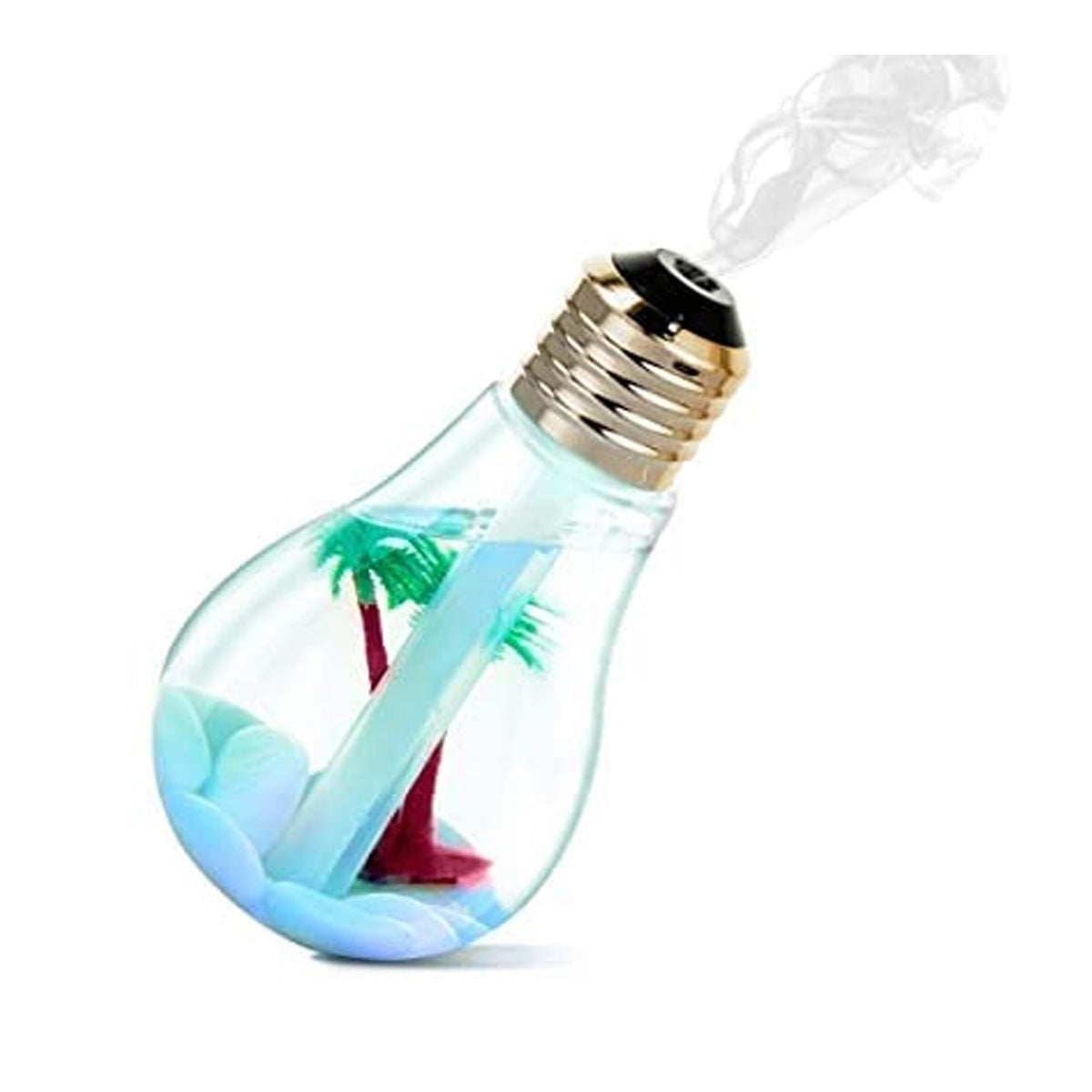 A clear bulb-shaped humidifier with a red and green palm tree inside emits mist against a white background.