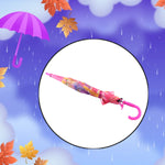 A closed pink Disney Princess umbrella with a curved handle is centered in a white circle.