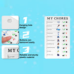 The 'MY CHORES' board with three features highlighted: a hanging hole, removable buttons, and sturdy plastic material.