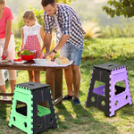 Brown 18-inch folding stool shown in its flat, collapsed state for easy storage.
