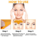 Three steps demonstrating how to use the forehead patches, from peeling to application and removal.