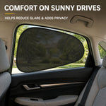 Black mesh sun shade on a car window with text describing comfort, glare reduction, and privacy benefits.