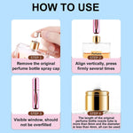 A four-step graphic illustrates how to refill a mini perfume bottle, showing removal of a cap, vertical alignment, and