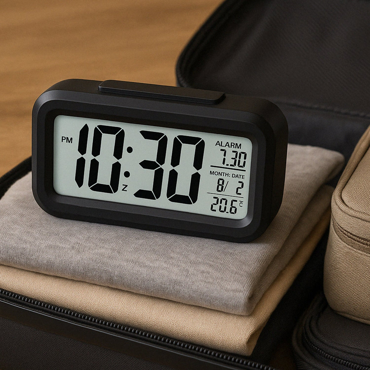 A black digital alarm clock displaying 10:30 PM, 7:30 alarm, date 8.12, and 20.6°C temperature, resting on folded clothes