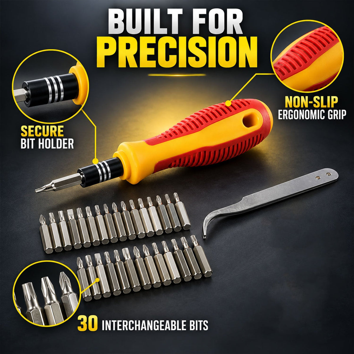 A yellow and red screwdriver with 30 interchangeable bits and a metal pry tool, highlighting its ergonomic grip.