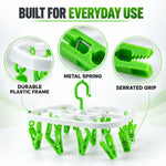 Detailed view of the drying rack, emphasizing its durable plastic frame, metal spring, and serrated grip.