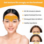 A woman with a gold forehead patch, next to text highlighting product features and before/after images.