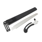 A disassembled silver folding hand saw with its black handle, blade, and black protective cover laid out on a white