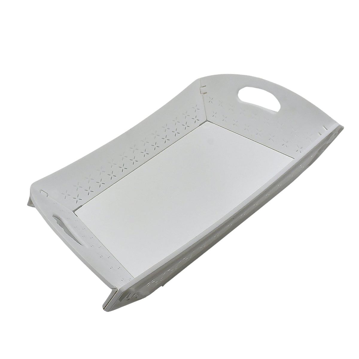 A white foldable serving tray is shown unfolded at an angle against a white background.