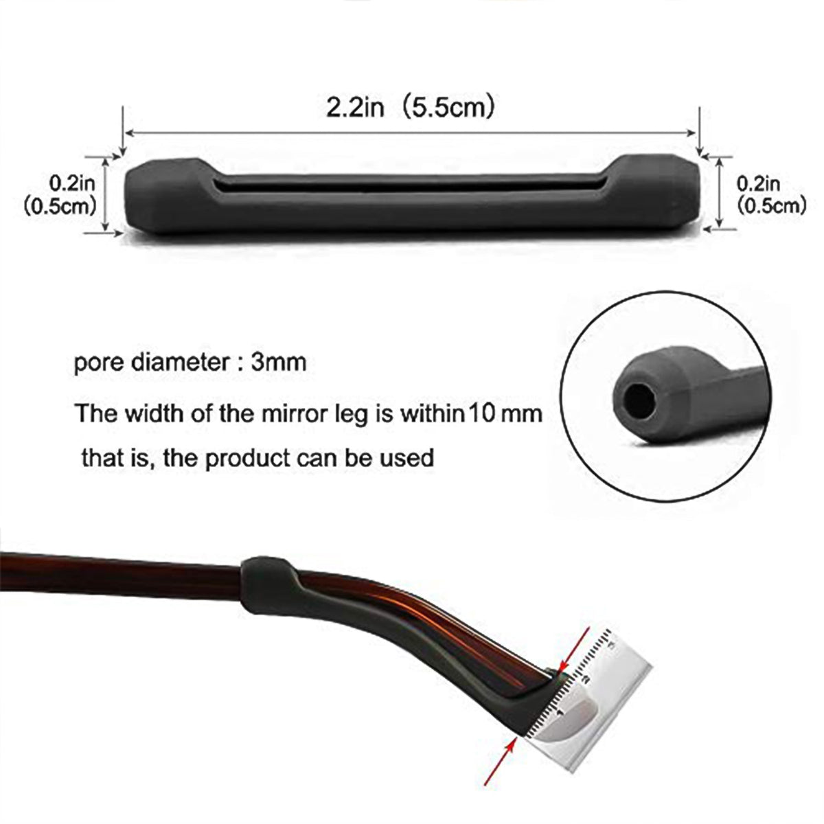 Diagram showing the dimensions of a black anti-slip ear grip and how it fits onto an eyeglass temple.