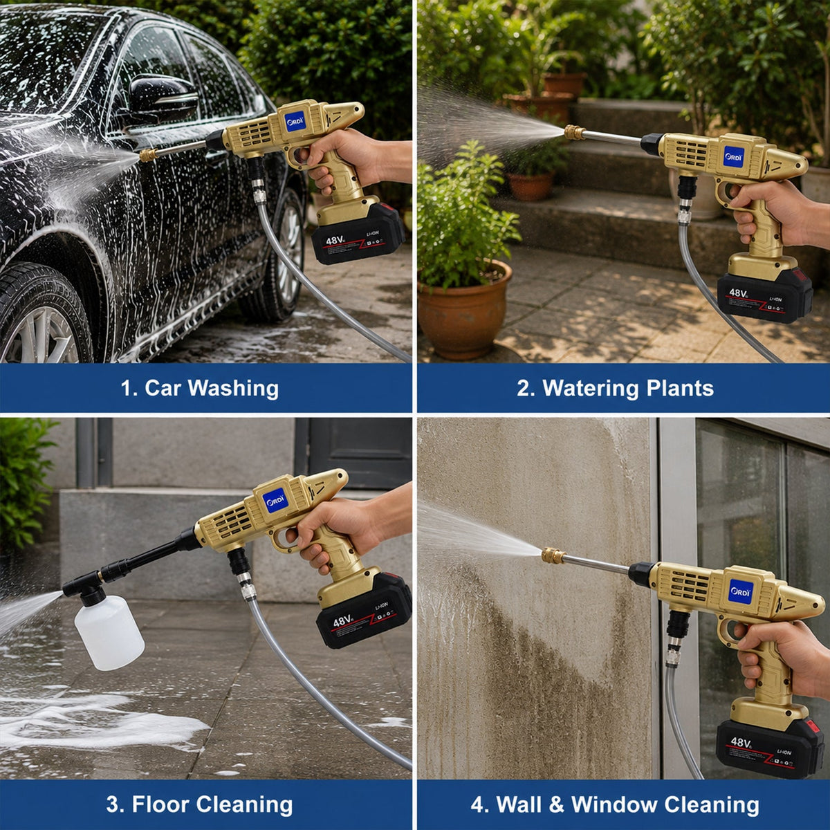 Five close-up images illustrate different hose and nozzle connectors, including a quick connector and a tap adapter.