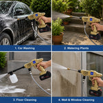 Five close-up images illustrate different hose and nozzle connectors, including a quick connector and a tap adapter.