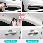 Before and after demonstration showing light scratches removed from car paint using the kit.