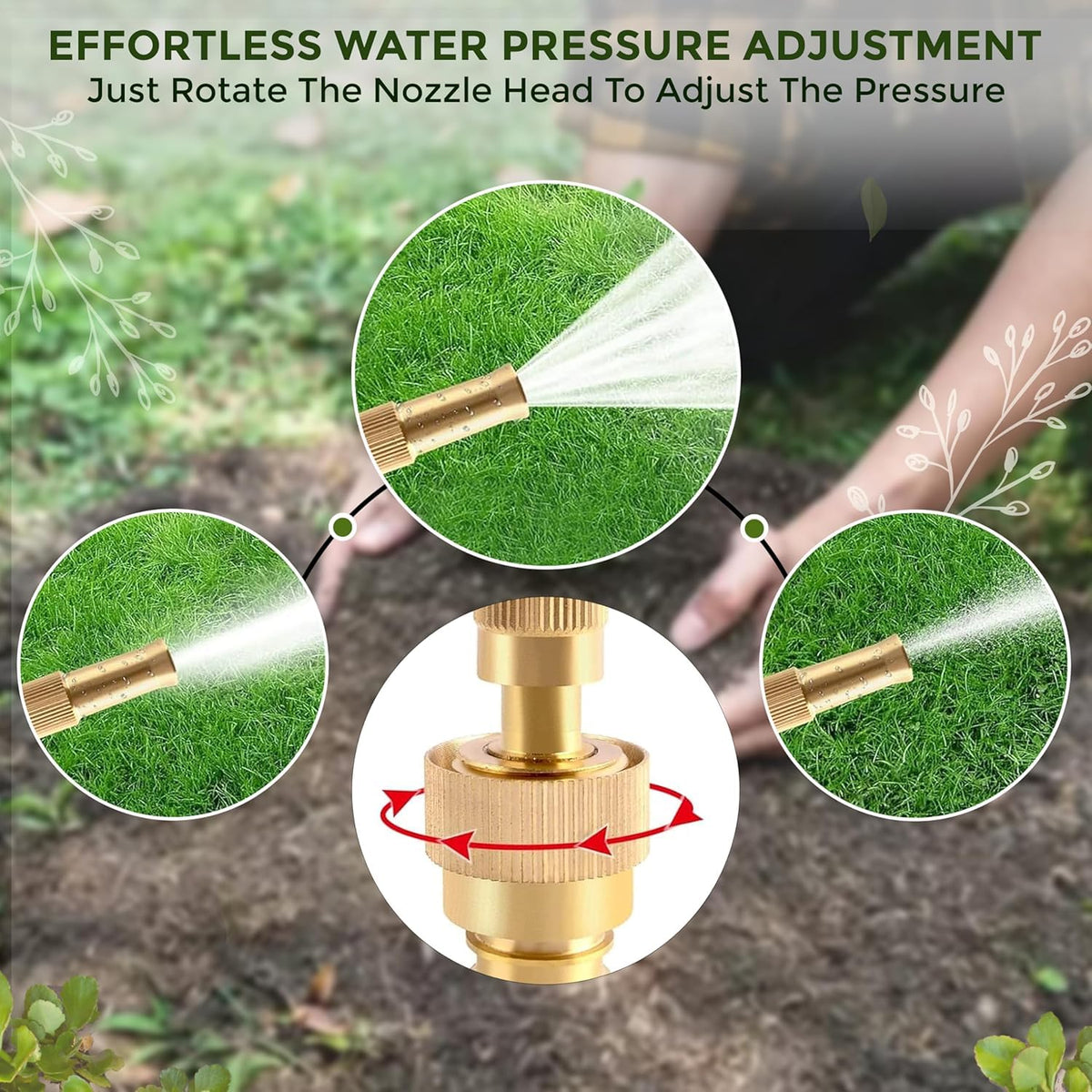 Three circular insets demonstrate a brass nozzle spraying water in different patterns, with a central diagram showing
