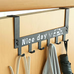 Six-hook over door storage rack constructed from black carbon steel