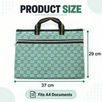 A green patterned document bag with black and gold handles, displaying its dimensions of 37 cm by 29 cm, fitting A4