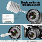 Three insets demonstrating camera cleaning with a white air blower, lens cleaning pen, and soft bristle brush.