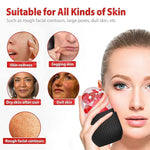 Close-up of a woman gently applying the black face ice roller under her eye to reduce puffiness.