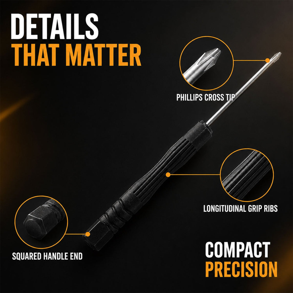 A black and silver mini screwdriver is highlighted with callouts for its Phillips cross tip, longitudinal grip ribs, and