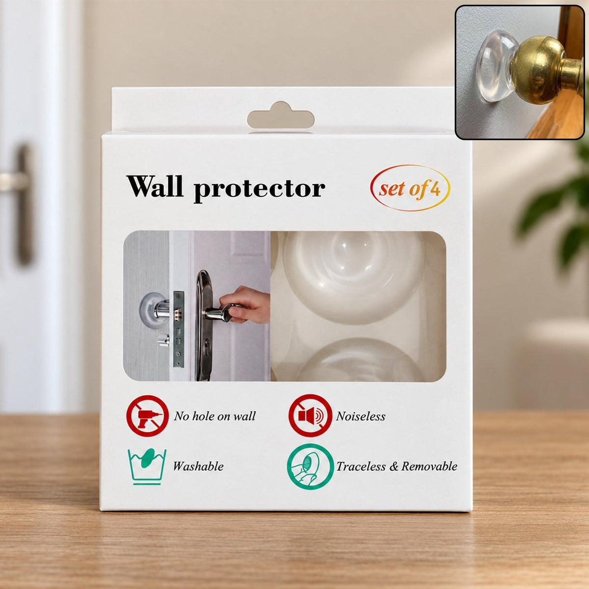 A white box for wall protectors with a clear window showing two round, transparent silicone pieces, and an inset image of