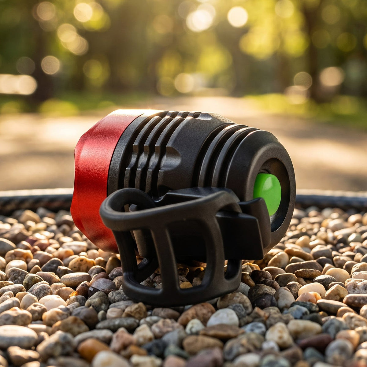 The red and black bicycle headlight with a green button and black mount rests on a bed of small, colorful pebbles.