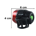 A red and black bicycle headlight with a green button and mount, showing dimensions of 6 cm length and 4 cm height.
