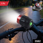 A red and black bicycle headlight with a green button illuminates a dark road from a bike's handlebars, with a '1 Pc' label.