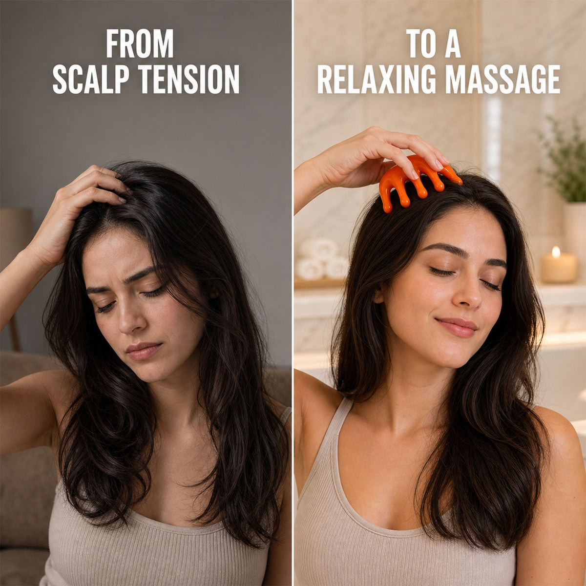 A split image showing a woman looking stressed on the left and relaxed while using the scalp massager on the right.