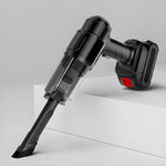 Black handheld vacuum cleaner with a brush attachment, angled downwards on a white stepped surface.