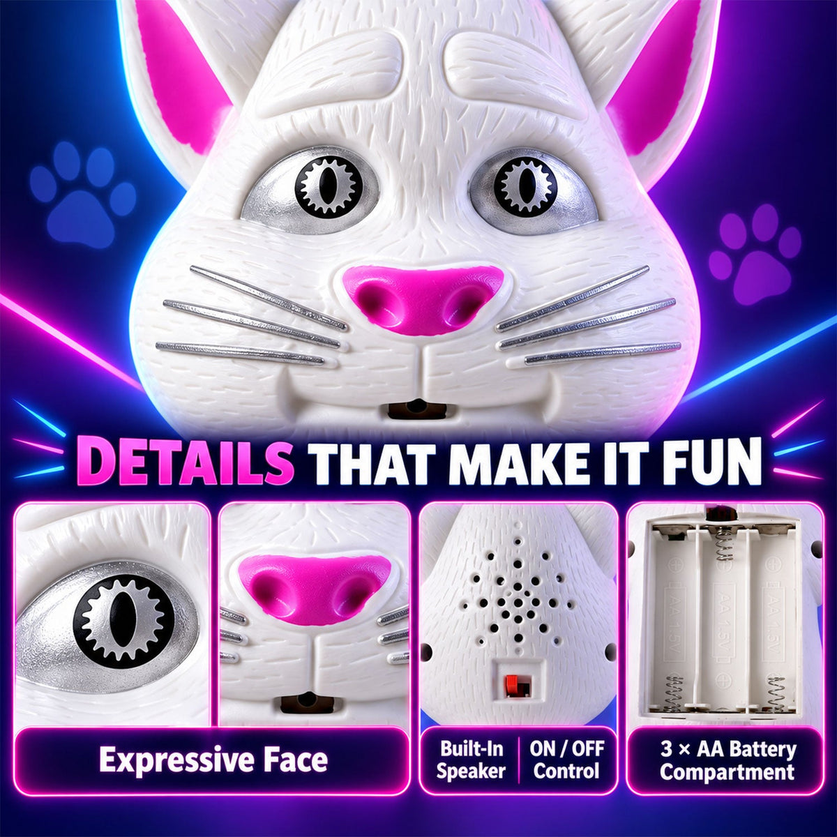 Close-up details of the white cat toy's face, showing an expressive eye, pink nose, speaker, on/off control, and battery