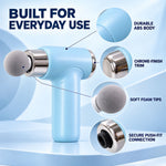 A light blue massage gun with callouts for durable ABS body, chrome-finish trim, soft foam tips, and secure connection.