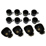 A black ceramic tea set with eight cups and four pineapple-shaped snack bowls with gold accents, arranged on a white