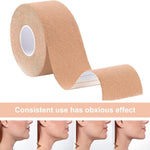 A roll of tan face lifting tape next to a sequence of four profile images showing the progression of a person's jawline.