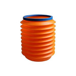 A vibrant orange accordion-style bucket with a blue rim is presented against a plain white background.