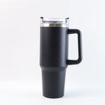 Premium stainless steel vacuum insulated travel mug close-up view
