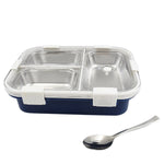 The blue lunch box with three stainless steel compartments and white clasps, with its clear lid removed.