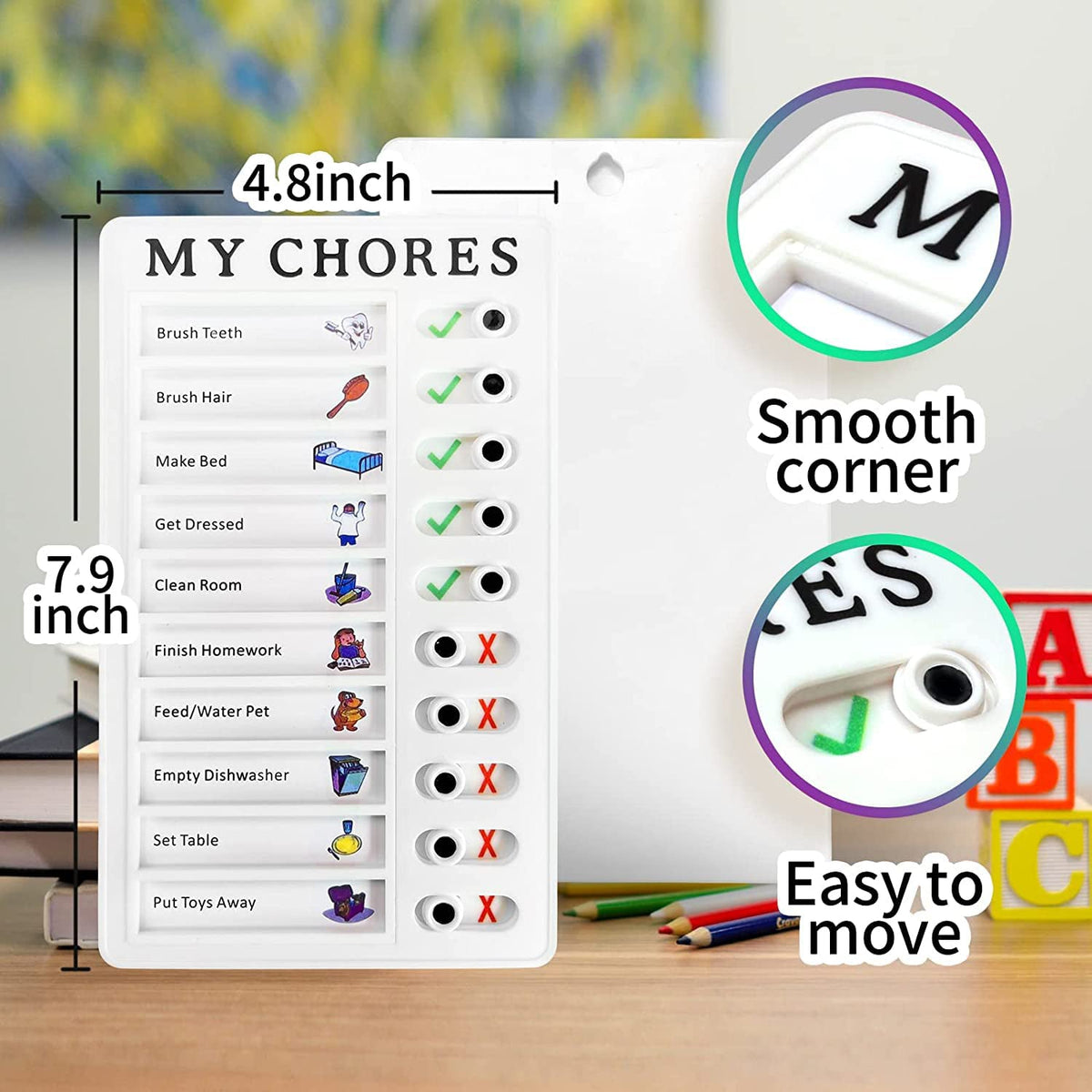 White 'MY CHORES' board with dimensions 7.9 and 4.8 inches, showing smooth corners and easy-to-move features.